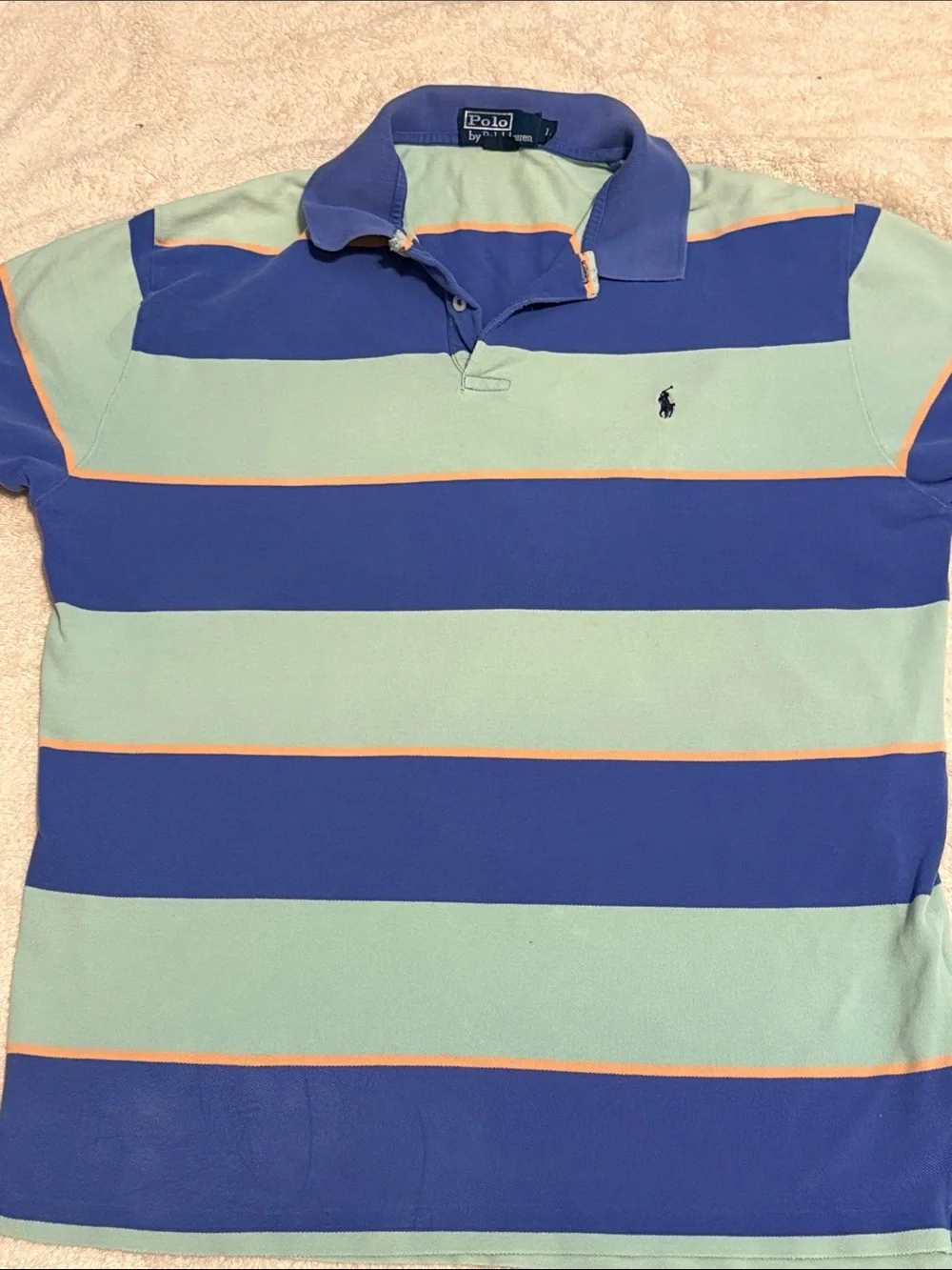 Polo by Ralph Lauren Blue & Mint Striped Polo with Orange Trim